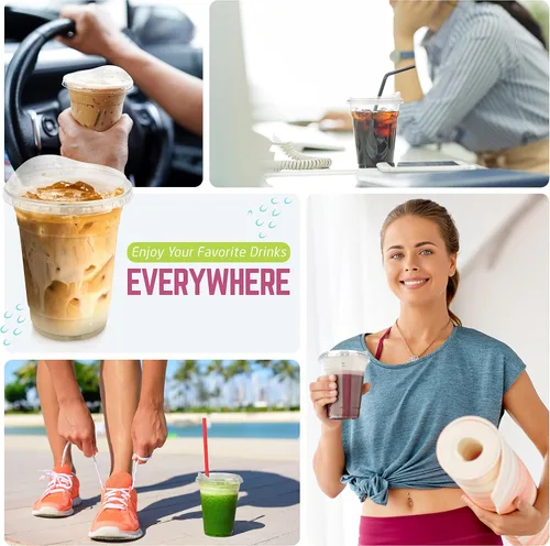 Vista 5 de FROZIP Paquete de 50 tazas de café de plástico de 16 onzas con tapas para sorbos, vasos de plástico transparente con tapas para batidos, café helado