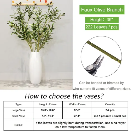 Vista 6 de Heleze Ramas de Olivo Artificiales de 39 Pulgadas Tallos de Vegetación Plantas Falsas con 222 Hojas para Florero Ramas de Olivo Falsas Decoración