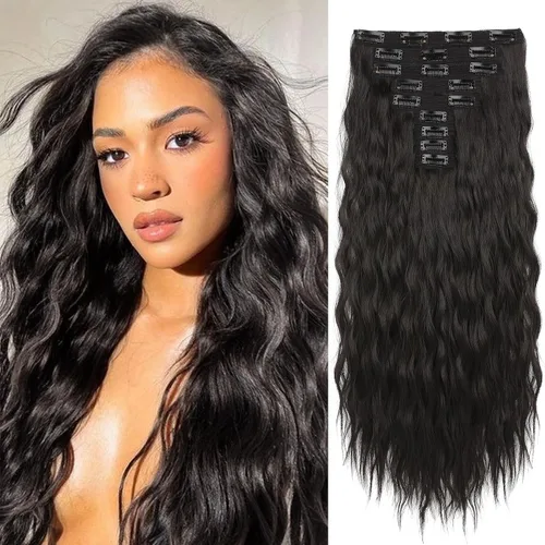 Vista 26 de REECHO Extensiones de cabello con clip, 5 piezas, de 24 pulgadas, de color rubio ceniza, extensiones de cabello con ondas largas y sueltas, HE002