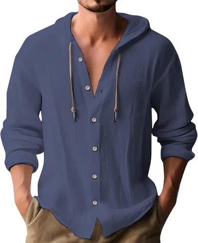 Vista 8 de Camisas de lino para hombre, casual, con botones, de verano, algodón, lino, con capucha, para playa, manga larga, con capucha