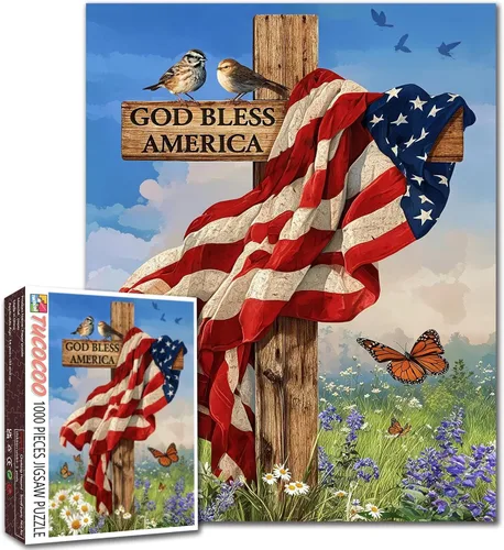 Vista 25 de Rompecabezas de 1000 piezas con la bandera americana y águila para adultos, rompecabezas del 4 de julio, para juegos de actividades familiares