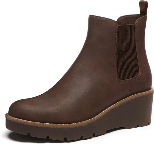 Vista 13 de Athlefit - Botas Chelsea con plataforma de cuña para mujer, suela de lengüeta, elásticas, con plataforma, tacón de cuña, botas al tobillo Negro