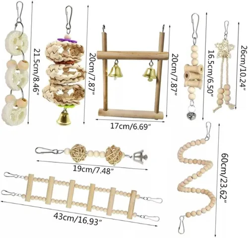 Vista 2 de Parrot Ladder Perch Wooden Bird Cage Swing Set, 8 Pieces