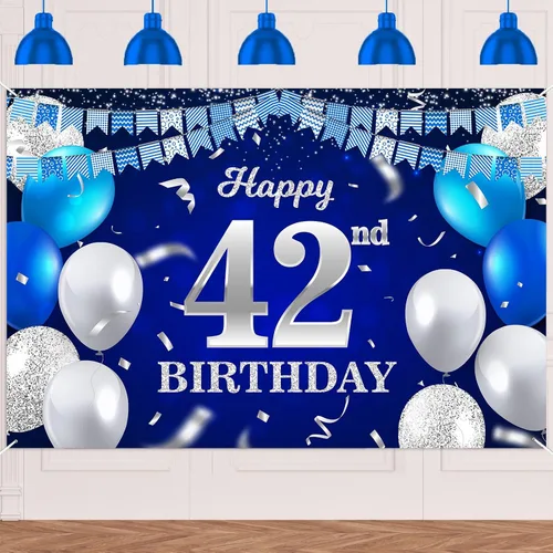 Vista 94 de Bandera de feliz primer cumpleaños con fondo azul marino, globos, confeti, bandera de rayas, luces de puntos, felicitaciones por el tema de 1 año