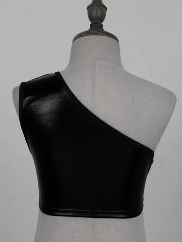 Vista 4 de Traje de baile de jazz de hip hop metálico brillante para niñas y niñas, top corto de un solo hombro con falda falda plisada