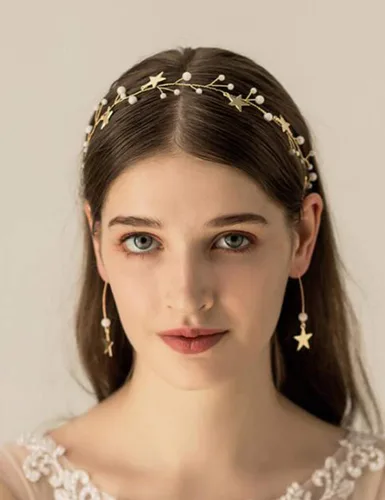 Vista 2 de Juego de aretes con diadema de perlas y lentejuelas, accesorios dorados para el cabello, borla y estrella, joyería para ella, regalo para mujeres