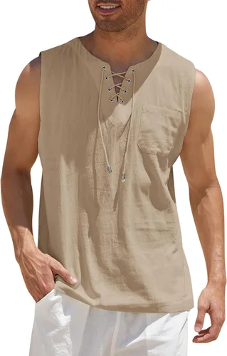 Vista 9 de COOFANDY - Camisetas sin mangas de algodón y lino para hombre, estilo hippie, con diseño de encaje, para la playa, estilo bohemio, renacentista