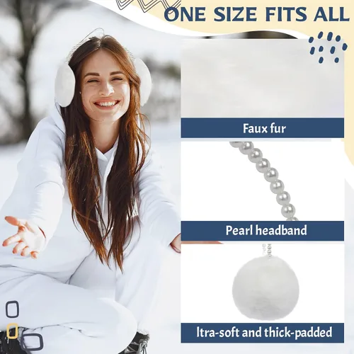 Vista 3 de RONRONS Orejeras de felpa suave para mujer, calentadores para exteriores con diadema de perlas