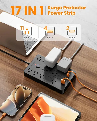Vista 2 de Regleta de alimentación con protector de sobretensión - 11 tomas de corriente (1850 W/15 A) con 6 puertos USB (2 USB C), extensión de enchufe plano