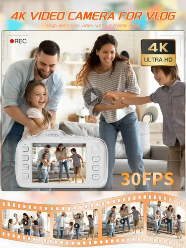 Vista 3 de Cámara digital 4K 64MP con tarjeta de 32GB y zoom de 16X, fácil para niños Blanco