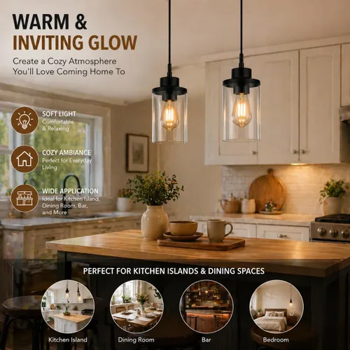Vista 8 de Moderna Lámpara Colgante de Granja Negra de Vidrio Transparente Cilíndrico, Iluminación Colgante de Metal Industrial Mini para Isla de Cocina, Mesa