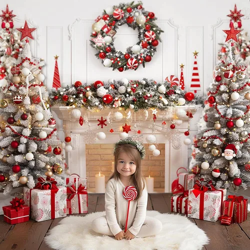 Vista 2 de Mocsicka Telón de fondo para chimenea de Navidad blanco y rojo, fondo para fotografía de árbol de Navidad, invierno, Navidad, familia, niños, fiesta