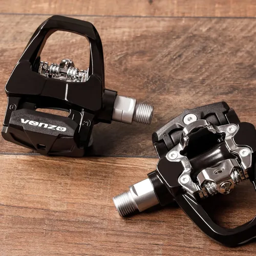 Vista 9 de Venzo Compatible con Shimano SPD-SL y Shimano SPD System para bicicleta de ejercicio en interiores, pedales y tacos con husillos resistentes de 9/16