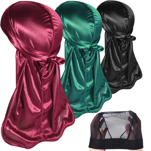 Vista 8 de Paquete de 3 piezas de durags sedosas para ondas de hombres, de regalo 1 gorra para marcar las ondas, talla única
