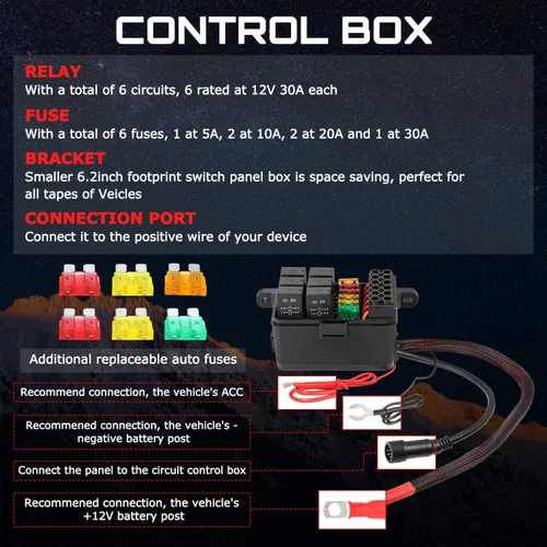 Vista 4 de OFFROADTOWN Panel de interruptores de 6 bandas, automático regulable y universal, sistema de relé de control de circuito con fusible, interruptor