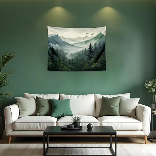 Vista 22 de QGHOT Tapiz de bosque brumoso, tapiz de montaña natural para colgar en la pared, paisaje de acuarela verde salvia, arte de pared para dormitorio