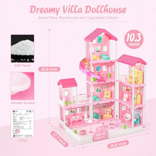 Vista 5 de Juego de casa de muñecas de ensueño para niñas, casa de muñecas de princesa con 4 pisos, 10 áreas, 2 muñecas, luces, mascotas, muebles y accesorios