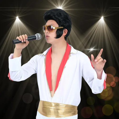 Vista 7 de Juego de 4 pelucas de leyenda de rock de los años 50 y 60 para hombre, peluca de disfraz de cantante rockero para cosplay, fiesta de Halloween