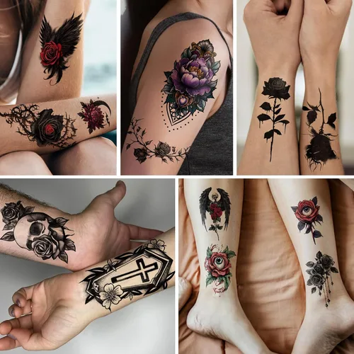 Vista 5 de Tatuajes temporales para hombres y mujeres adultos, 77 hojas de calcomanías de tatuaje falsas, lágrimas de serpiente, relojes, planetas