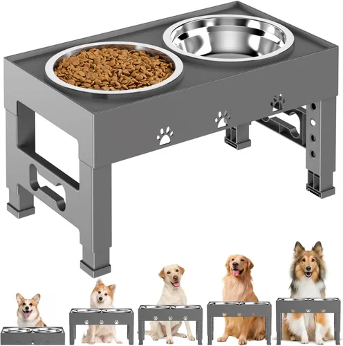 Vista 14 de LAKIPETN Tazones elevados para perros con 2 cuencos de acero inoxidable, soporte elevado para comida para perros, 5 alturas ajustables