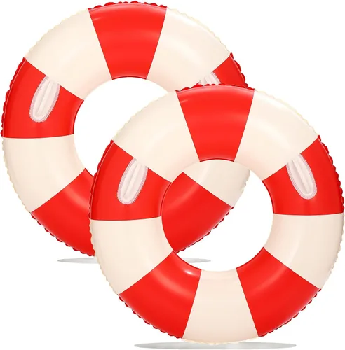 Vista 13 de Flotadores inflables de piscina para adultos, paquete de 2 flotadores a rayas, tubos de piscina, anillos de natación con asas, flotador inflable