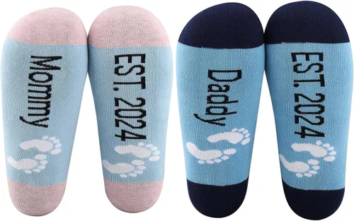 Vista 6 de CMNIM Nuevos padres regalos de embarazo papá y mamá Est 2024 Nuevos padres calcetines de padres primerizos regalos anuncio calcetines de regalo, Sock