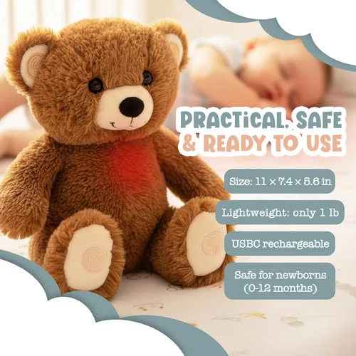 Vista 4 de Gemma Joy Calmante de Sueño para Bebé Oso Marrón para Bebé – Animal de Peluche con Latido Cardíaco Activado por Llanto – Calmante de Cuna Recargable