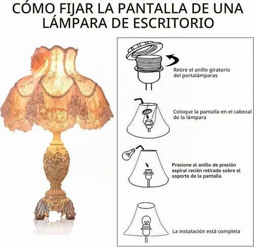 Vista 8 de Lámpara de escritorio de estilo europeo rosa con pantalla de tela, lámpara de mesa victoriana con bombilla E27 e interruptor de botón, lámparas