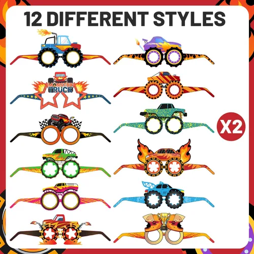 Vista 4 de 24 lentes de papel Monster Truck Monster Truck para fiestas, suministros de fiesta de cumpleaños, regalos para cabina de fotos