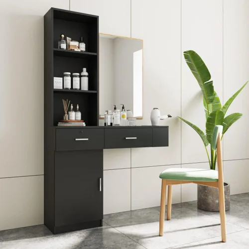 Vista 2 de Estación de salón de madera moderna, gabinete de salón negro montado en la pared, estación de peluquería para peluquería con cajones y estantes