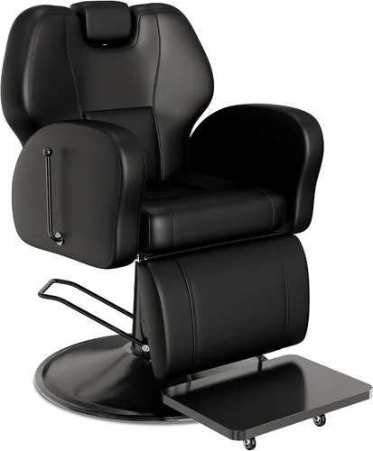 Vista 12 de Silla reclinable de barbero Baasha negra con ribete dorado en los reposabrazos, cómodo cojín de espuma viscoelástica, reposacabezas ajustable, base