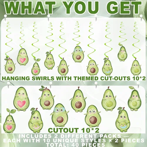 Vista 2 de Paquete de 40 decoraciones colgantes de aguacate – Decoraciones de fiesta de aguacate para niñas, suministros de fiesta de frutas y bonita