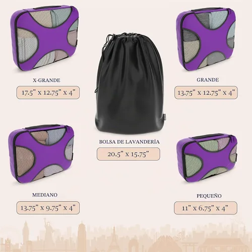 Vista 4 de Shacke 5 Set Packing Cubes for Travel with Laundry Bag (Orchid Purple)