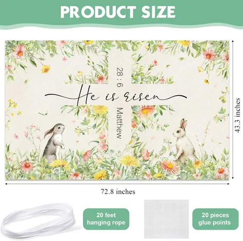 Vista 2 de Moukeren Decoraciones de telón de fondo de Pascua con texto en inglés «He is resucitado», pancarta de fotografía con cruz de Jesús, fondo de flores