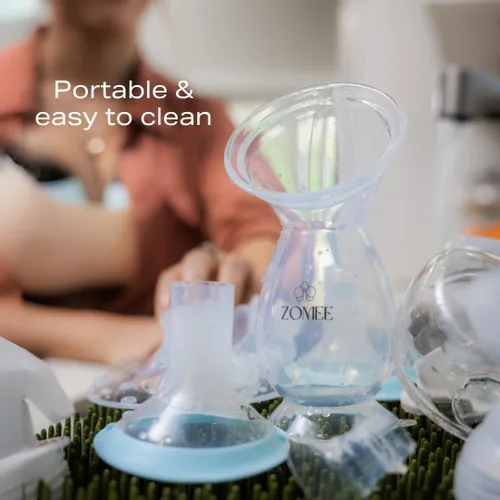 Vista 4 de Zomee Extractor de leche manual de silicona - Botella de recolección de leche manos libres para madres lactantes - Sin BPA, a prueba de fugas