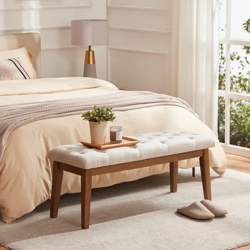 Vista 3 de HUIMO Upholstered Bench, Button Tufted Dining Bench (Beige) con patas de madera maciza, banco de extremo de cama para dormitorio, entrada, sala