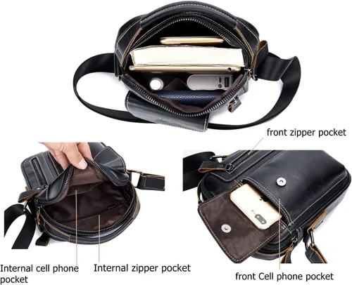 Vista 4 de BULLCAPTAIN Bolso de hombro de cuero genuino para hombre, bolso de mensajero casual diario