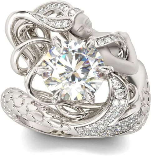 Vista 2 de Jeulia Anillo de sirena de plata de ley con diamantes de imitación de corte redondo y diseño de cuento de hadas, elegante anillo de compromiso