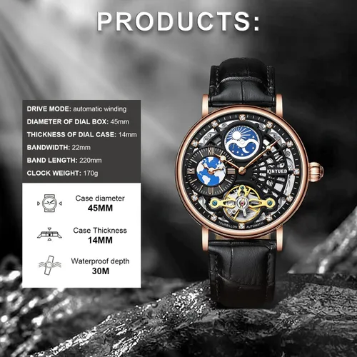 Vista 3 de IK COLOURING Tourbillon - Reloj de pulsera mecánico automático de esqueleto de lujo para hombre, con frase lunar, manecillas luminosas, reloj