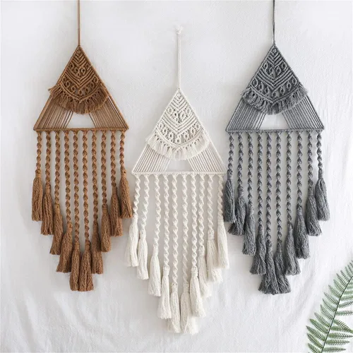 Vista 5 de Tapiz de macramé tejido de algodón, estilo bohemio, atrapasueños, decoración de pared, 10.5 x 28 pulgadas