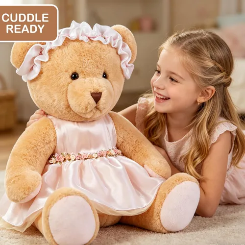 Vista 2 de Oso de peluche grande con ropa, juguete de peluche grande de 27 pulgadas con vestido, regalo gigante suave para bebés, niños, niñas, novia
