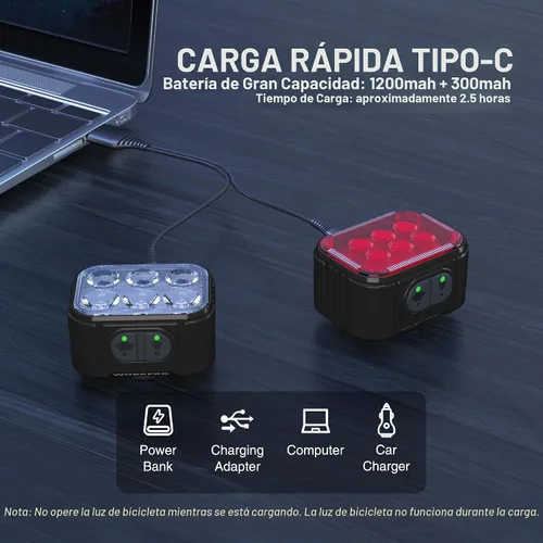 Vista 4 de WORKPRO Juego de luces de bicicleta [8+13 modos], juego de luces recargables para bicicleta ultra brillantes, luces de bicicleta impermeables IP65