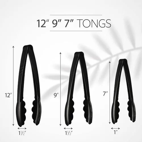 Vista 3 de Plasticpro Juego Combinado de Pinzas para Servir Negras Reutilizables de Servicio Pesado - 4 Piezas (7.5'', 9'', 12'') para Cocina, Barbacoa