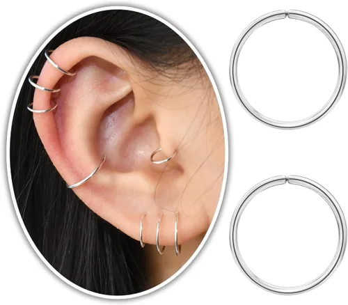 Vista 14 de Pequeños aretes de aro huggie de oro o plata de ley para mujeres y niñas, cartílago, nariz, hélix, tragus