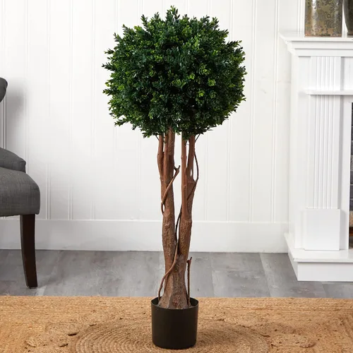 Vista 3 de Nearly Natural Árbol topiario de boj artificial resistente a los rayos UV de 46 pulgadas con maceta, arbusto de bola de imitación realista en maceta
