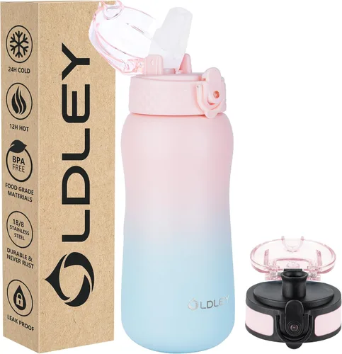 Vista 38 de Botella de agua aislada Oldley de 12 oz con pajita, botella de agua de acero inoxidable con 2 tapas, botellas de doble pared con vacío para adultos