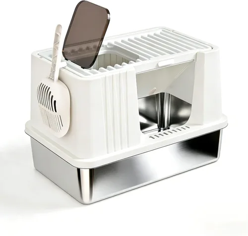 Vista 10 de Oneluck XXL - Caja de arena para gatos de acero inoxidable con tapa Negro