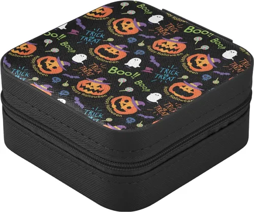 Vista 3 de Joyero pequeño de cuero para viajes, caja de almacenamiento portátil para joyas, calabaza, fantasma, caramelo, para anillos, aretes, collares