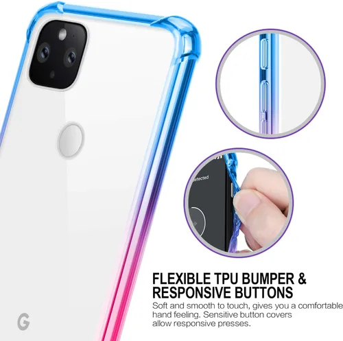 Vista 3 de Funda para Google Pixel 5, funda transparente con bonito degradado para teléfono, TPU reforzado, parte trasera de policarbonato duro, funda