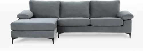 Vista 23 de Sofá modular moderno en forma de L, con diván extra ancho y patas doradas Gris